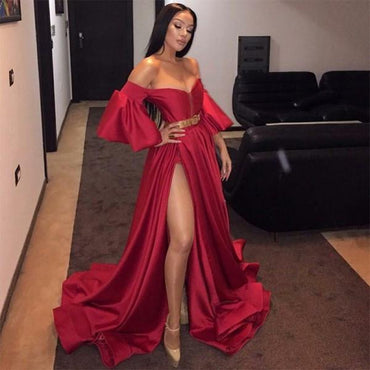 A-Line Off the Shoulder Red Split Front Long Prom Dress with Belt Sleeves PDH8