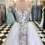 A-Line Spaghetti Straps Floor Length White Detachable Train Prom Dress with Appliques PDQ65