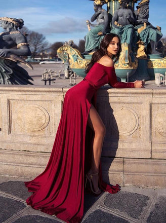 A-Line Off-the-Shoulder Long Sleeves Burgundy Elegant Prom Dress with Split PDL66