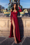 A-Line Off-the-Shoulder Long Sleeves Burgundy Elegant Prom Dress with Split PDL66