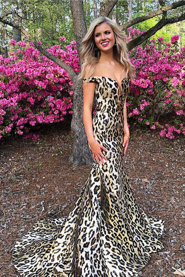 Mermaid Off-the-Shoulder Sweep Train Leopard Print Prom Dress PDL65