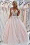 Charming A-Line V-Neck Floor-Length Pink Tulle Prom Dress with Appliques Beading PDI68