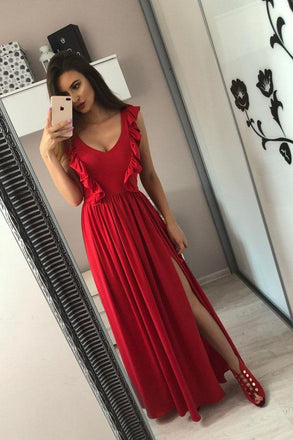 A-Line V-Neck Floor-Length Red Prom Dress with Split Ruffles PDL84