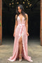 A-Line V-Neck Sweep Train Pink Lace Prom Dress with Split PDP10