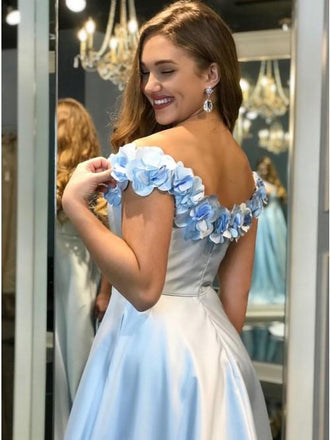 A-Line Off-the-Shoulder Light Blue Split Prom Dress with Flowers Pockets PDP9
