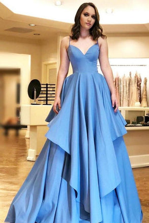 Simple A-Line Spaghetti Straps Blue Satin Tiered Prom Dress PDL83