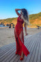 Sheath Spaghetti Straps Backless Red Sequined Prom Dress with Split PDP8