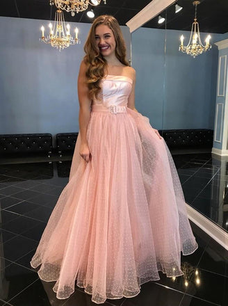 A-Line Strapless Floor-Length Pink Tulle Prom Dress with Belt PDL67