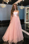 A-Line Strapless Floor-Length Pink Tulle Prom Dress with Belt PDL67