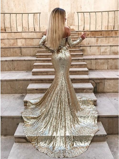 Mermaid Long Split Prom Dress Gold Sequined Evening Dress with Sleeves PDP6