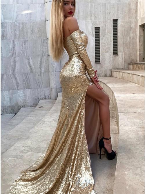 Mermaid Long Split Prom Dress Gold Sequined Evening Dress with Sleeves PDP6