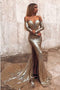 Mermaid Long Split Prom Dress Gold Sequined Evening Dress with Sleeves PDP6