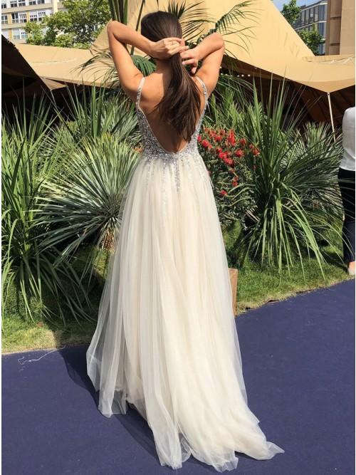 A-Line V-Neck Backless Floor-Length Ivory Tulle Prom Dress with Beading PDN20