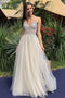 A-Line V-Neck Backless Floor-Length Ivory Tulle Prom Dress with Beading PDN20