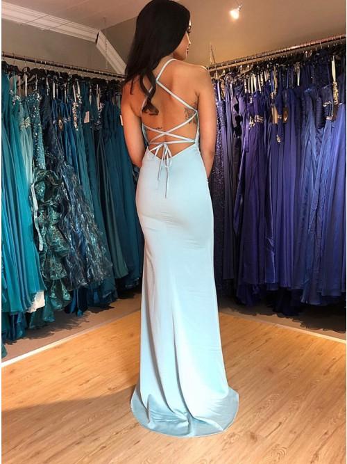 Mermaid Spaghetti Straps Sweep Train Light Blue Prom Dress with Split PDN31