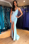 Mermaid Spaghetti Straps Sweep Train Light Blue Prom Dress with Split PDN31