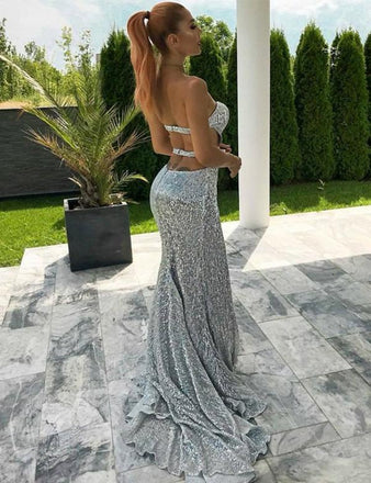 Sexy Mermaid Sweetheart Backless Silver Prom Dress with Split Beading PDH35