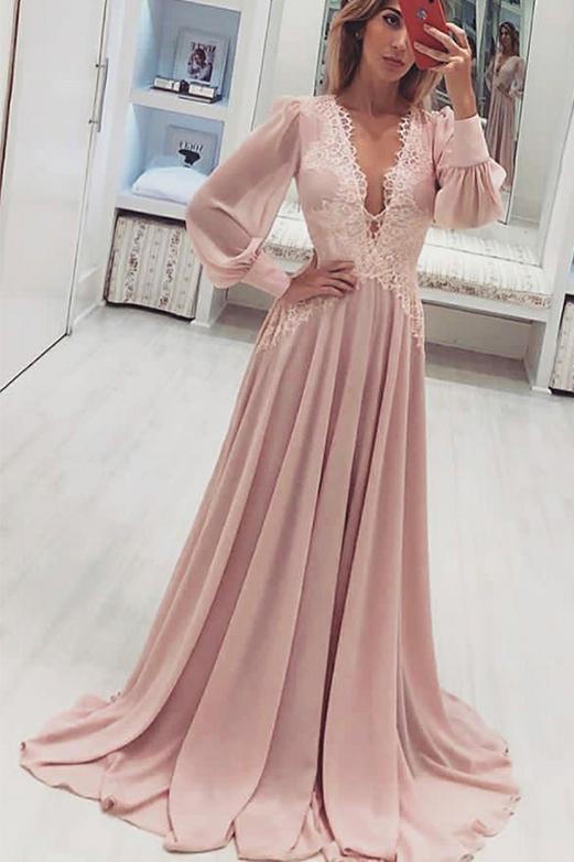 Fashion A-Line V-Neck Long Pink Prom Dress with Long Sleeves Appliques PDH41