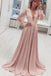 Fashion A-Line V-Neck Long Pink Prom Dress with Long Sleeves Appliques PDH41