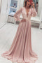 Fashion A-Line V-Neck Long Pink Prom Dress with Long Sleeves Appliques PDH41