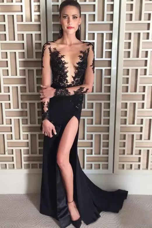 Deep V-Neck Long Sleeve Black Evening Dress,Beading Split Sexy Prom Dress PDH27