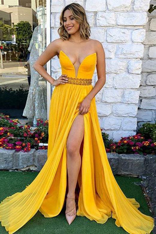 Strapless Long Yellow Prom Dress with Beading Split  Evening Gown PDH32