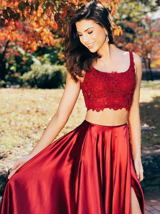 Two Pieces Scoop Sleeveless Burgundy Split Sexy Long Prom Dresses PDG97