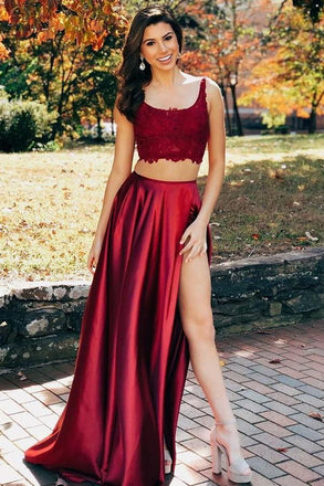 Two Pieces Scoop Sleeveless Burgundy Split Sexy Long Prom Dresses PDG97