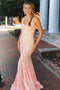 Mermaid V-neck Sleeveless Pink Lace Backless Prom Dresses With Straps PDG96