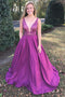 A-Line V-Neck Sweep Train Fuchsia Prom Dress with Beading Pockets PDL87