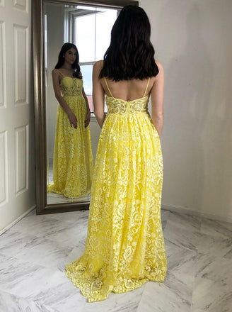 Charming A-Line Spaghetti Straps Floor-Length Yellow Lace Prom Dress PDL73