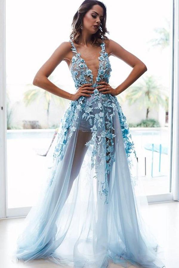 A-Line V-Neck Backless Light Blue Prom Dress with Appliques PDL75 – trendtydresses