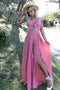 Pink Spaghetti Straps Long Chiffon Prom Dresses with Split Keyhole PDL85