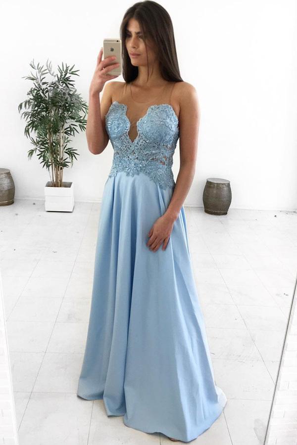 A-Line Illusion Round Neck Light Blue Satin Prom Dress with Appliques PDL76