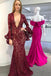 Burgundy Mermaid Deep V-Neck Long Sleeves Lace Prom Dress PDL88