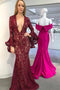 Burgundy Mermaid Deep V-Neck Long Sleeves Lace Prom Dress PDL88