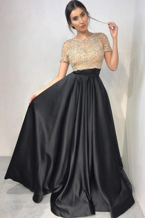 Two Piece Crew Short Sleeves Floor-Length Black Prom Dress with Beading PDL89