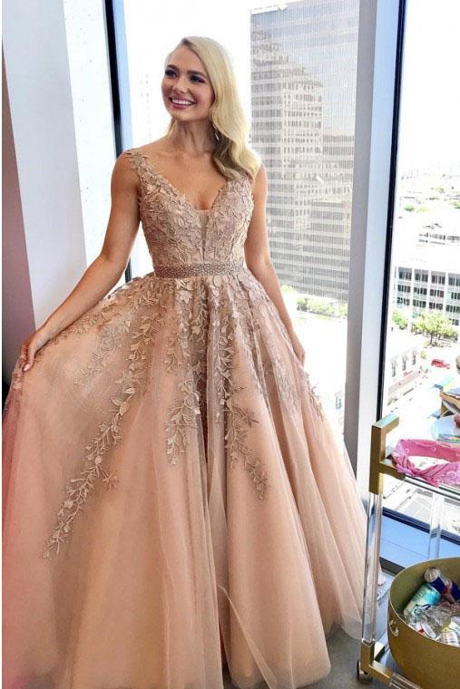 A-Line V-Neck Floor-Length Prom Dress with Appliques Beading PDQ88