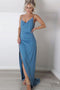 Sheath Spaghetti Straps Sweep Train Blue Simple Prom Dress with Split PDK62