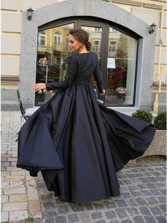 A-Line Round Neck Long Sleeves Black Long Prom Dress PDK61