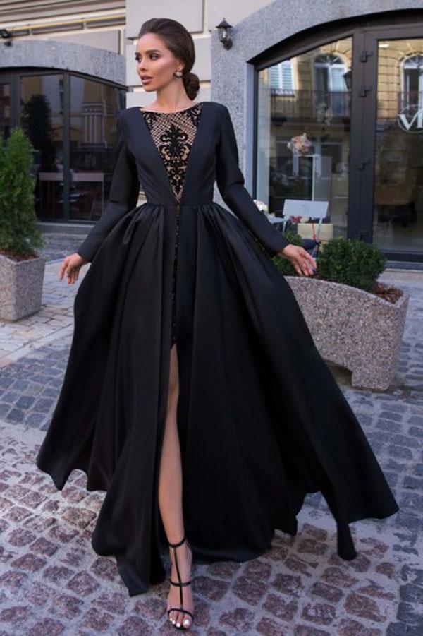 A-Line Round Neck Long Sleeves Black Long Prom Dress PDK61