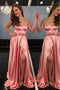 A-Line Spaghetti Straps Sweep Train Pink Prom Dress with Split PDN18