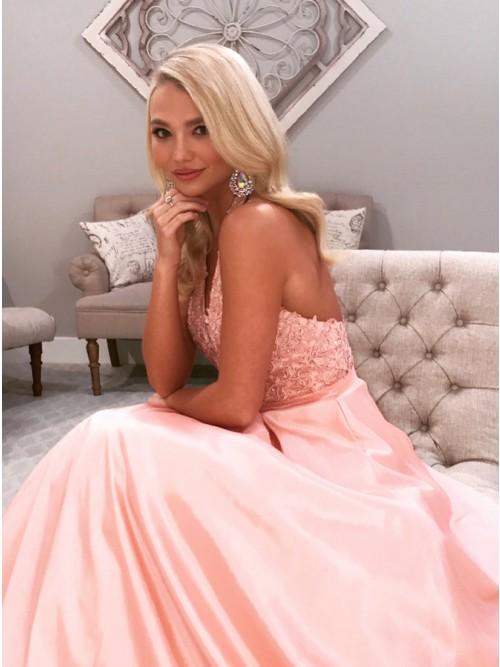 A-Line Halter Backless Sweep Train Pink Prom Dress with Appliques PDN21