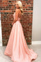 A-Line Halter Backless Sweep Train Pink Prom Dress with Appliques PDN21