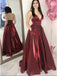 Simple A-Line Spaghetti Straps Floor-Length Burgundy Prom Dress with Pockets PDN22
