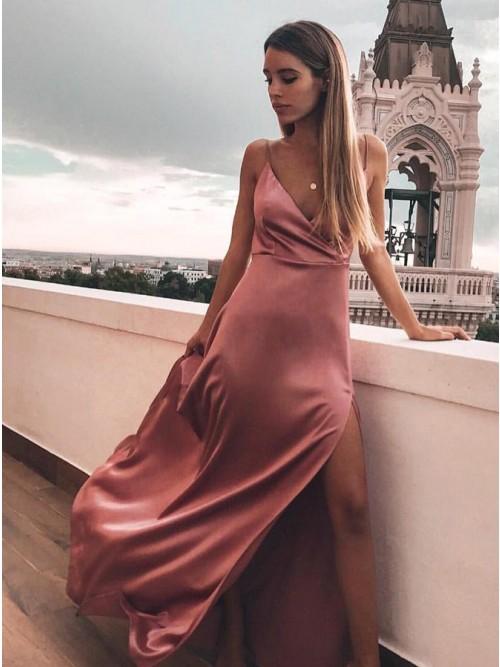 Sheath Spaghetti Straps Floor-Length Blush Prom Dress with Split PDN23