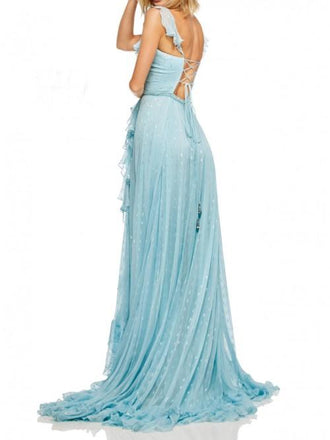A-Line V-Neck Lace Up Light Blue Long Prom Dress with Beading Split PDN24