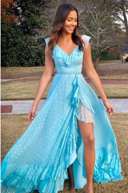 A-Line V-Neck Lace Up Light Blue Long Prom Dress with Beading Split PDN24