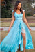 A-Line V-Neck Lace Up Light Blue Long Prom Dress with Beading Split PDN24