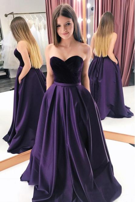 A-Line Sweetheart Sweep Train Purple Prom Dress with Pockets PDN25